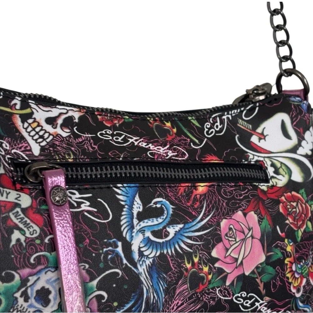 Ed Hardy Shoulder / Crossbody Bag Skull Rose Tattoo Print Rhinestone ms Y2K Punk
